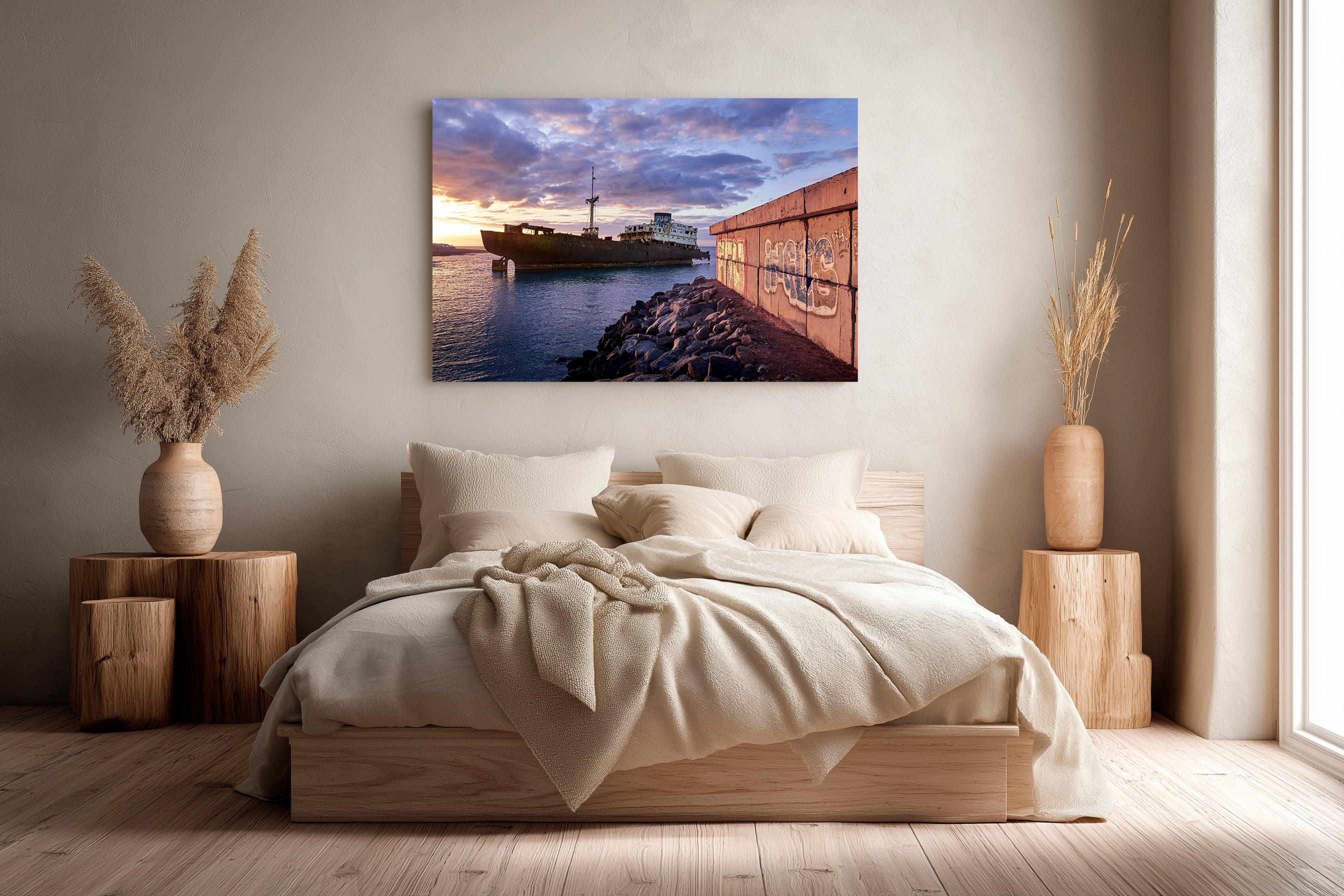 Mystic seascape at blue hour with ghost ship near dock and dramatic clouds over calm water. - 45 x 30cm / Photo hinter Acrylglas / Unframed