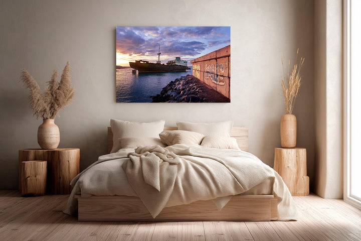 Mystic seascape at blue hour with ghost ship near dock and dramatic clouds over calm water. - 45 x 30cm / Photo hinter Acrylglas / Unframed