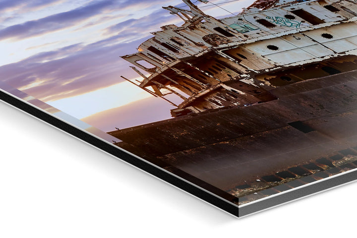 Rusty abandoned shipwreck on sea shore under vibrant blue hour sky with clouds. - 45 x 30cm / Photo hinter Acrylglas / Unframed