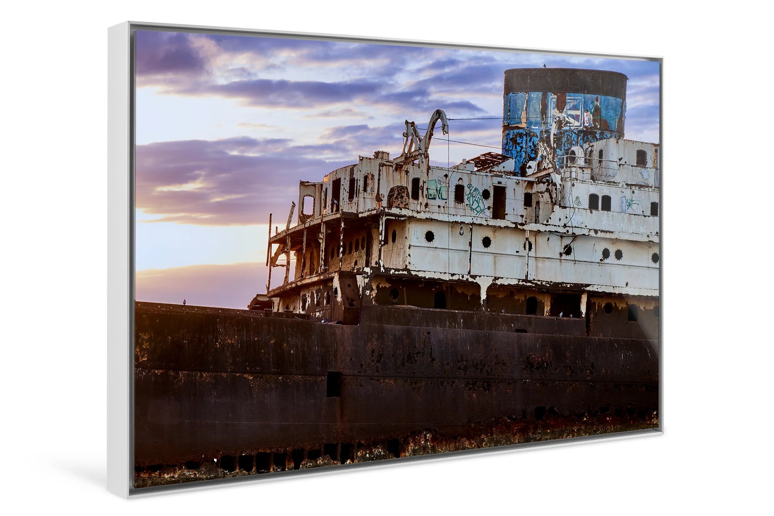 Rusting ghost ship hull and upper deck under a moody blue hour sky with scattered clouds at sunset. - 45 x 30cm / Photo hinter Acrylglas / Unframed