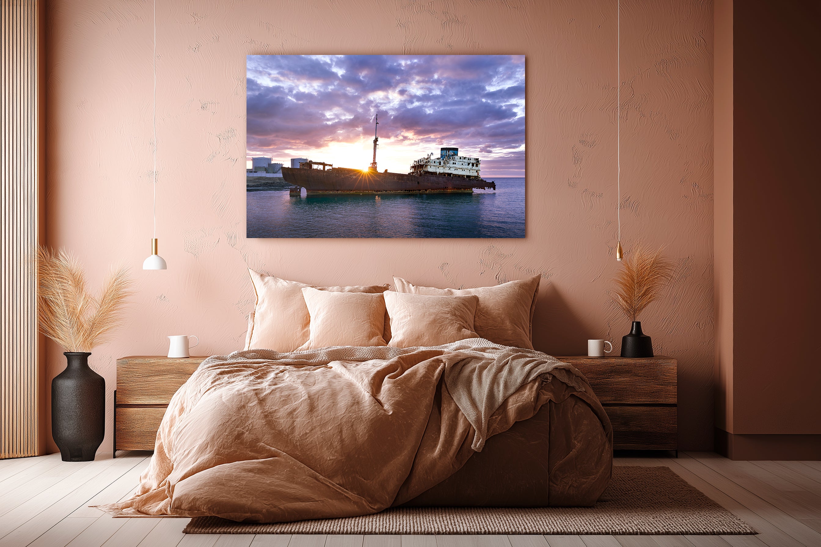 Large ship docked at sunset with dramatic clouds over calm sea, framed by warm bedroom decor. - 45 x 30cm / Photo hinter Acrylglas / Unframed