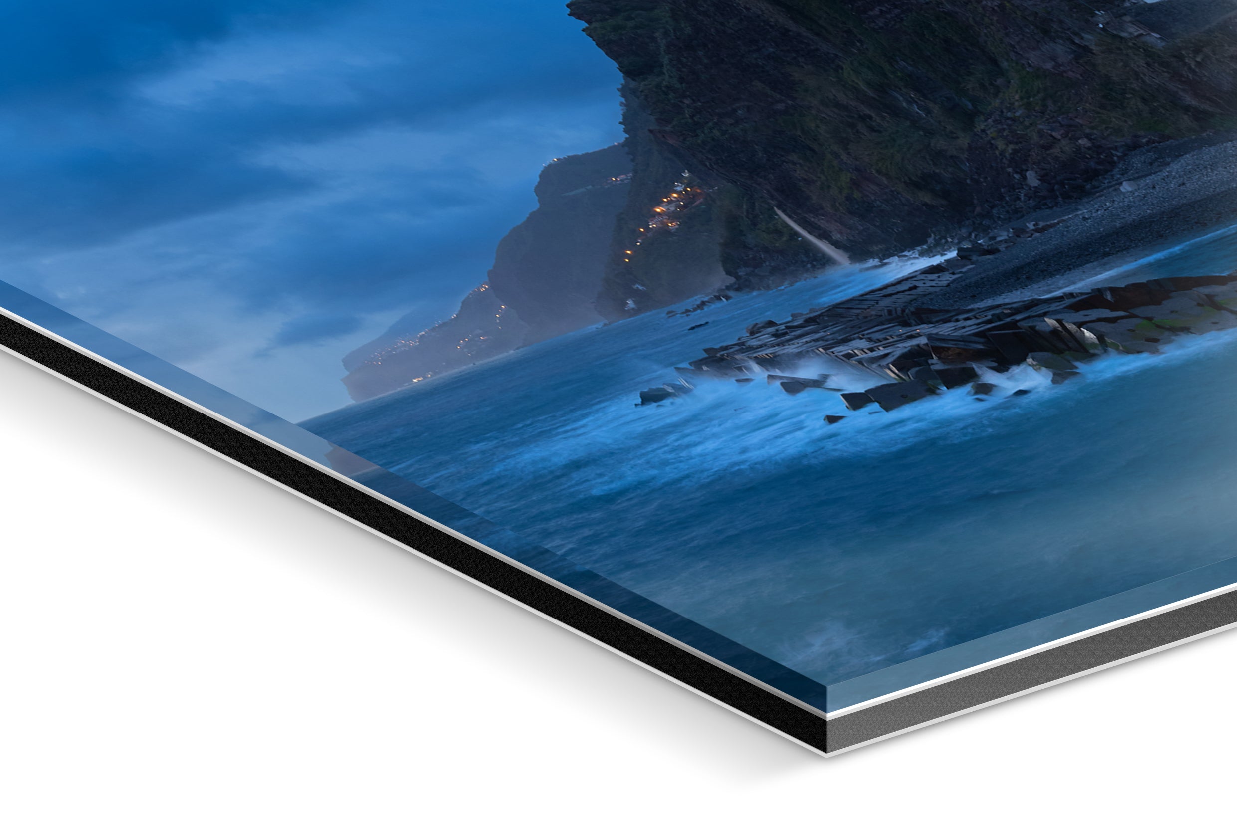 Glossy acrylic glass photo panel showing coastal cliffs and stormy sea under a blue hour sky. - 90 x 38 cm / Photo hinter Acrylglas / Unframed