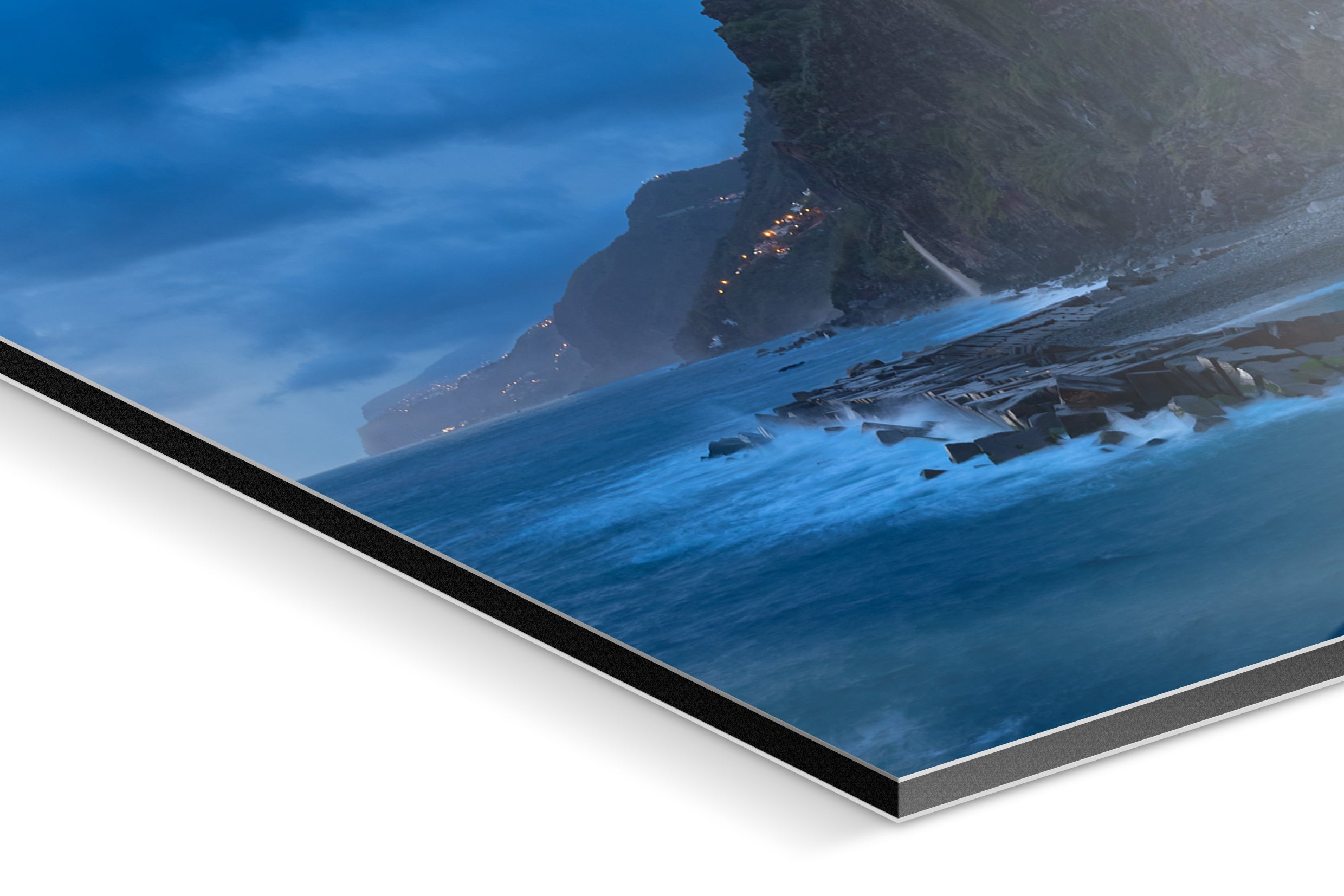 Coastal cliffs and stormy sea under dark blue cloudy sky on acrylic glass panel corner close-up. - 90 x 38 cm / Photo hinter Acrylglas / Unframed