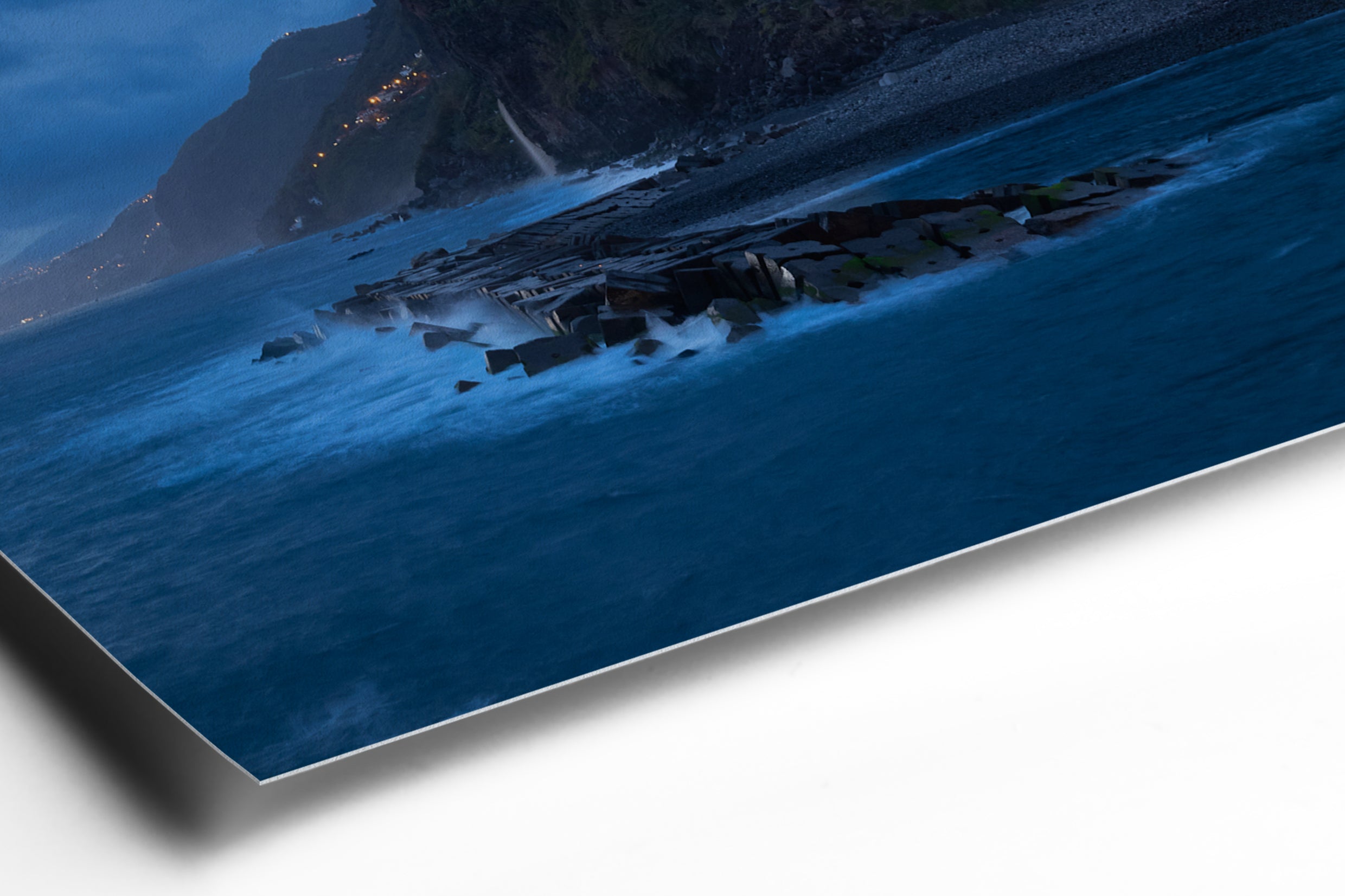 Coastal cliff at Ponta do Sol under moody blue hour sky with dramatic clouds and dark sea. - 90 x 38 cm / Photo hinter Acrylglas / Unframed