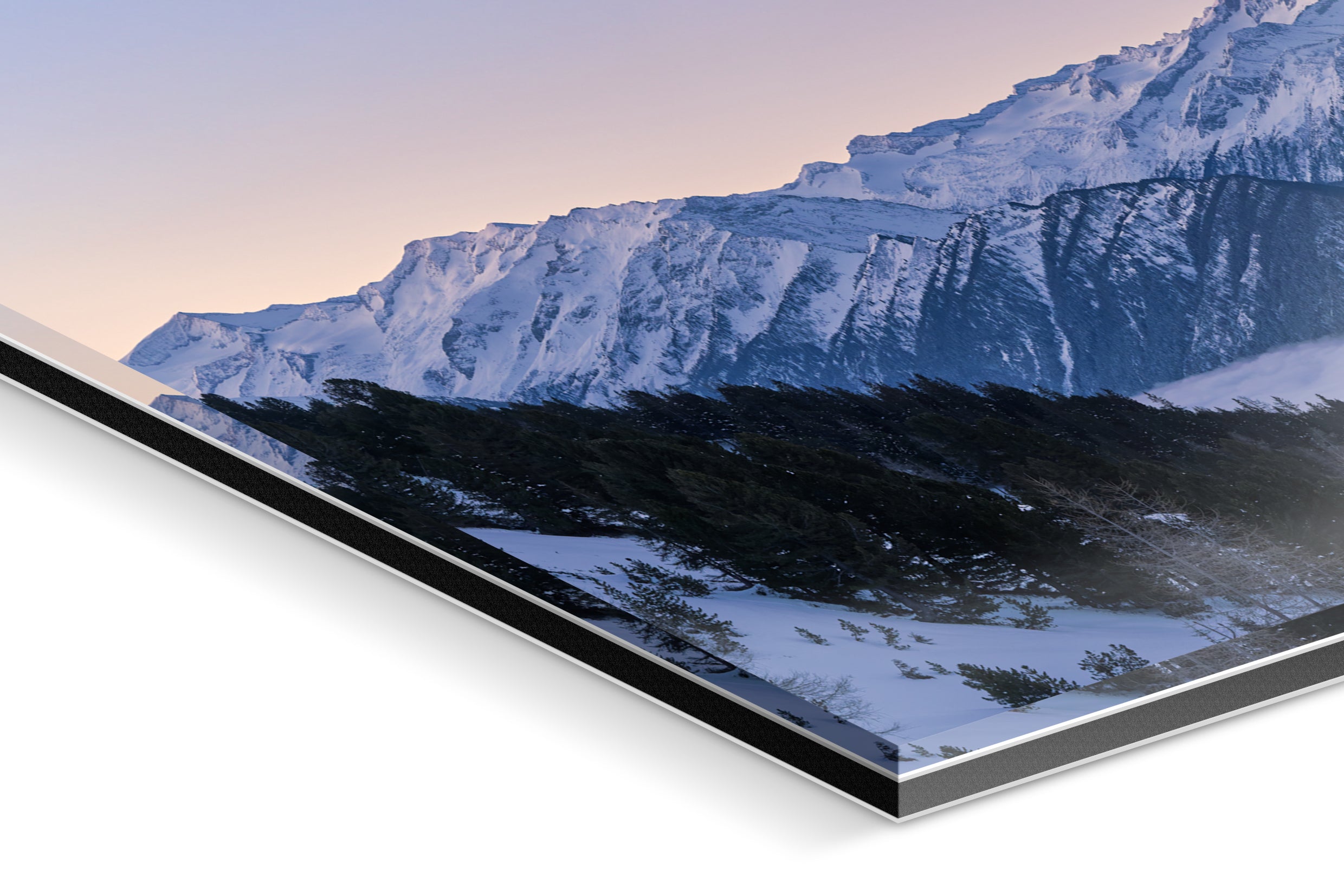 Snow-covered Hohe Tauern mountain range at blue hour with clear sky, viewed in panorama format. - 90 x 38 cm / Photo hinter Acrylglas / Unframed