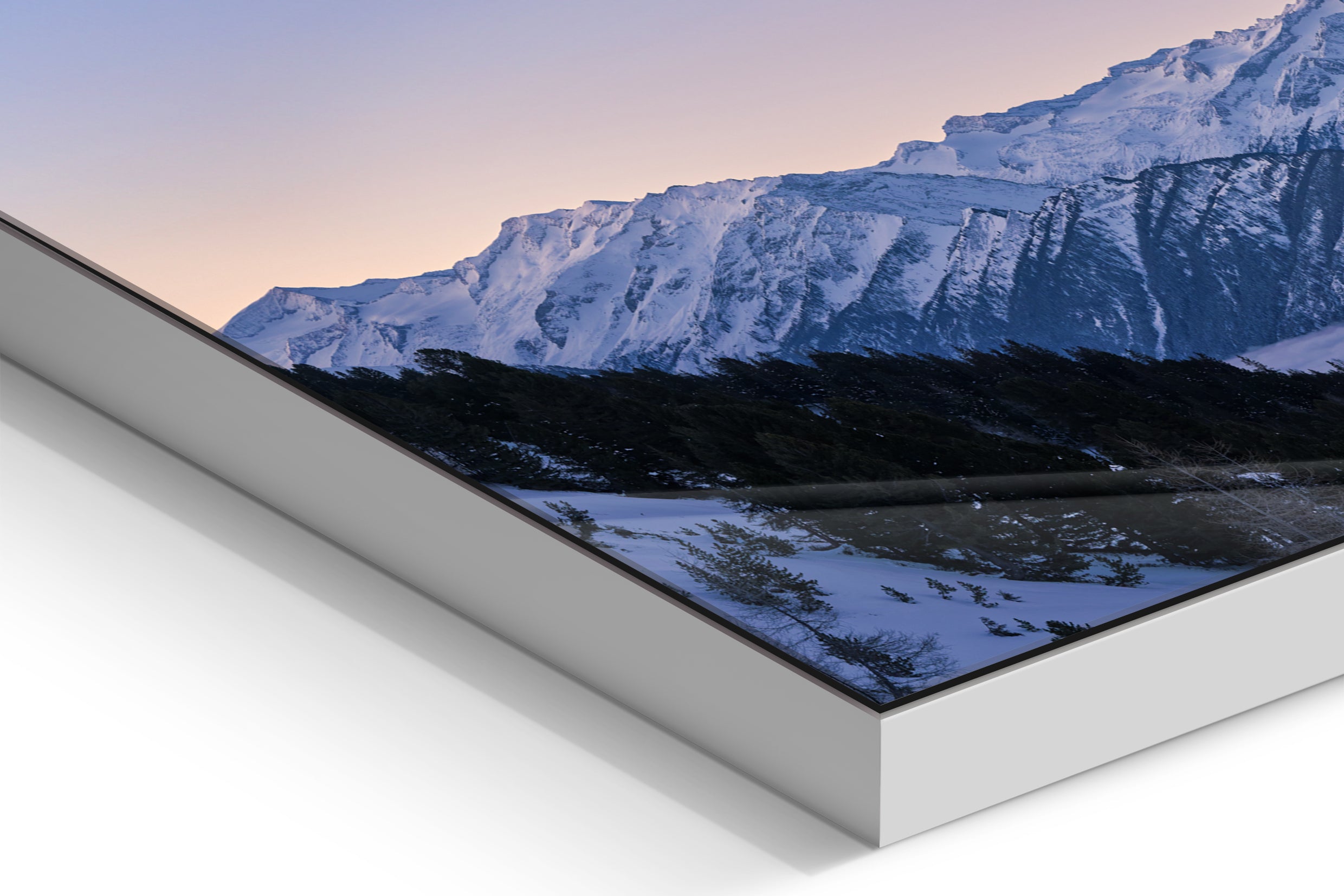 Snow-covered Hohe Tauern mountain range under blue hour sky on acrylic glass print edge close-up. - 90 x 38 cm / Photo hinter Acrylglas / Unframed
